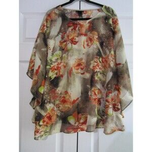 Maggie Barnes Blouse Womens 1X Brown Orange Floral Sheer Poncho Top Plus Size